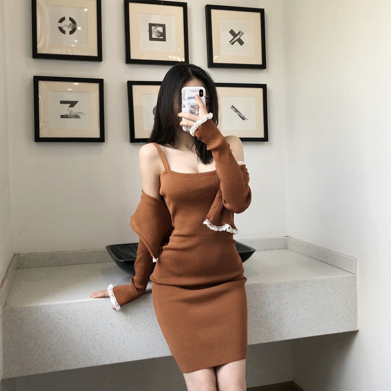 【Set】ニットセットカーディガン+キャミワンピ W10479