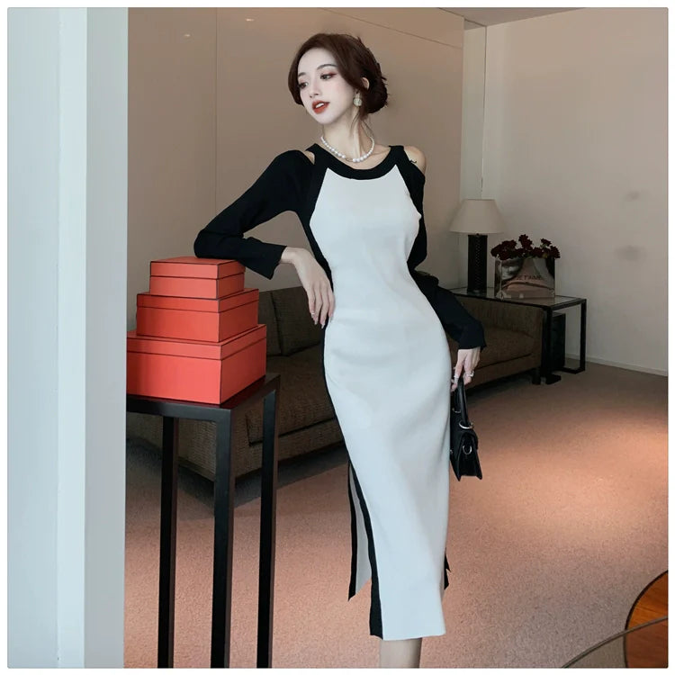 【Dress】肩見せ配色ニットワンピース W9284