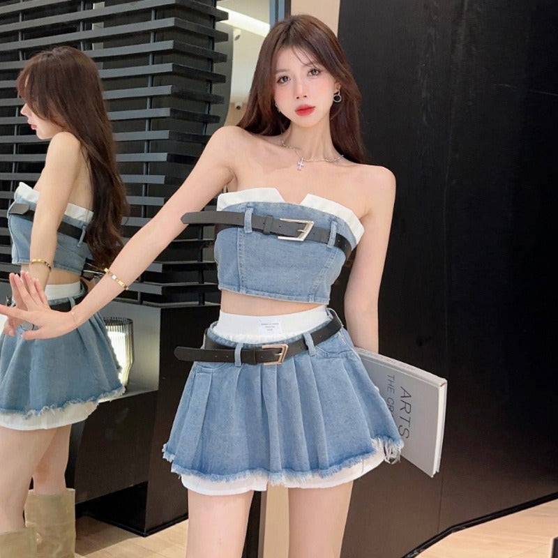 【Set】ベアトップ×スカートデニムセット W11937