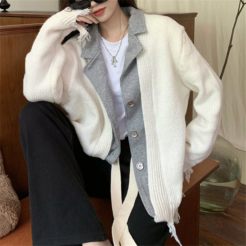 【Outer】体型カバー大人カジュアル春秋フェイクレイヤード人気ニットカーディガン Z-4641