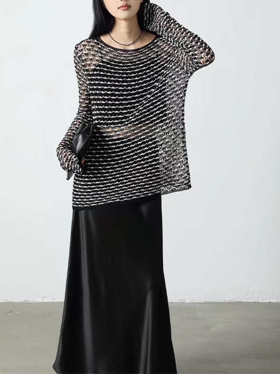 【Tops】3色展開透かし彫りニット W13256