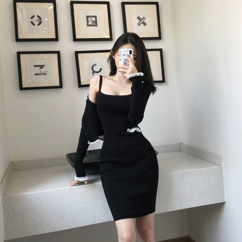 【Set】ニットセットカーディガン+キャミワンピ W10479