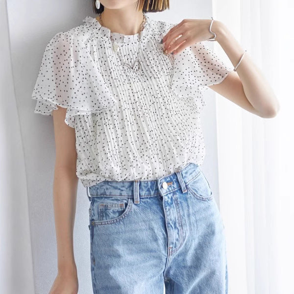 【Tops】ドット柄プリーツシフォンシャツ T01692