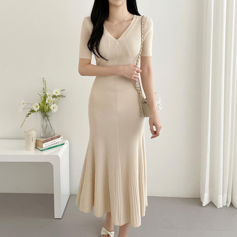 【Dress】大人シンプル無地vネック半袖マーメイドワンピース Z-5672