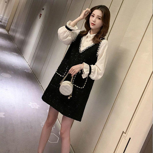 【Set】新入荷~大人可愛いレイヤード2点セット  シャツ + ツイード調ノースリーブワンピース  Z-4513