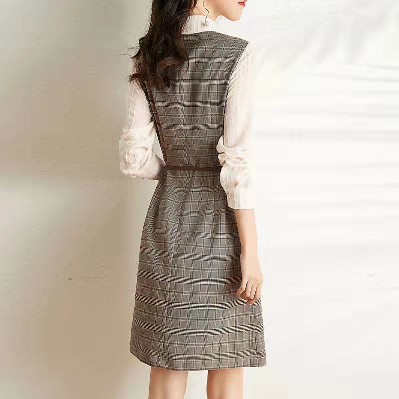 【Dress】チェック柄フェイクレイヤードワンピース W9326