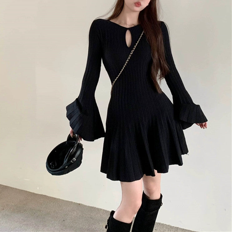 【Dress】トランペットスリーブニットワンピース W9315