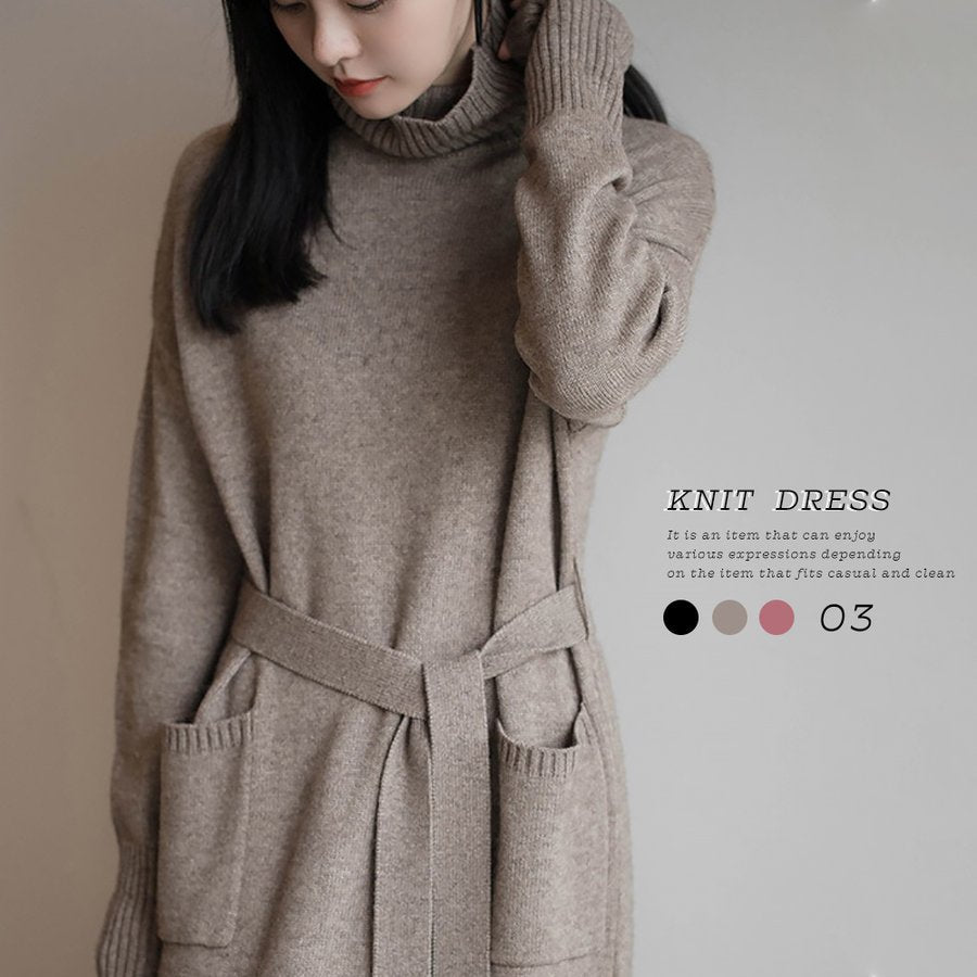 【Dress】3色展開ハイネックニットワンピース W9575