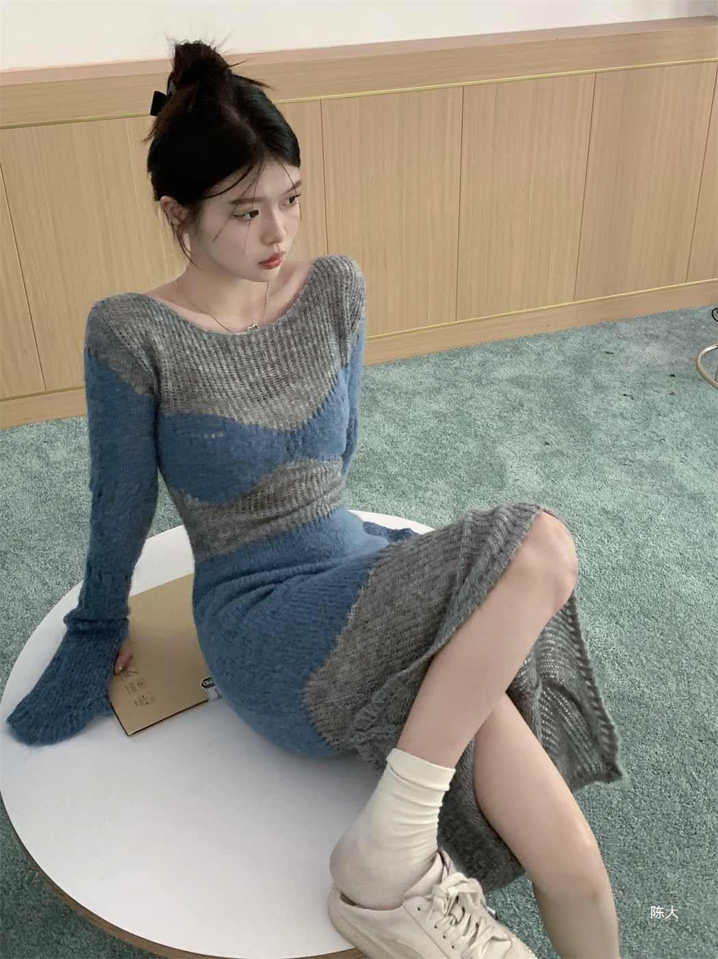 【Dress】透け感ニットワンピース W14058