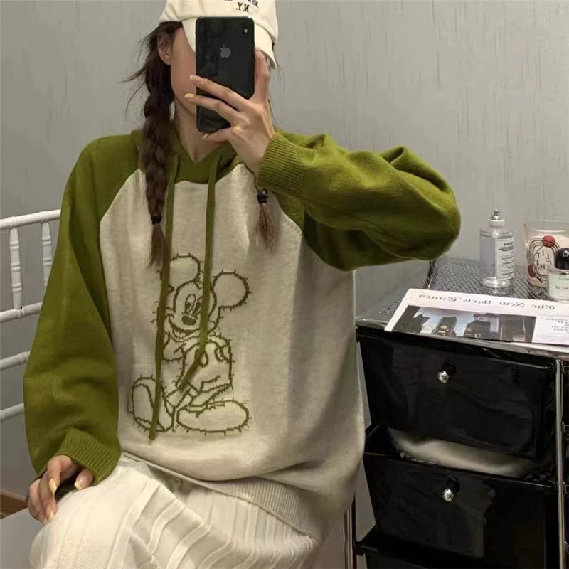 【Tops】フード付き配色ニットセーター W9258