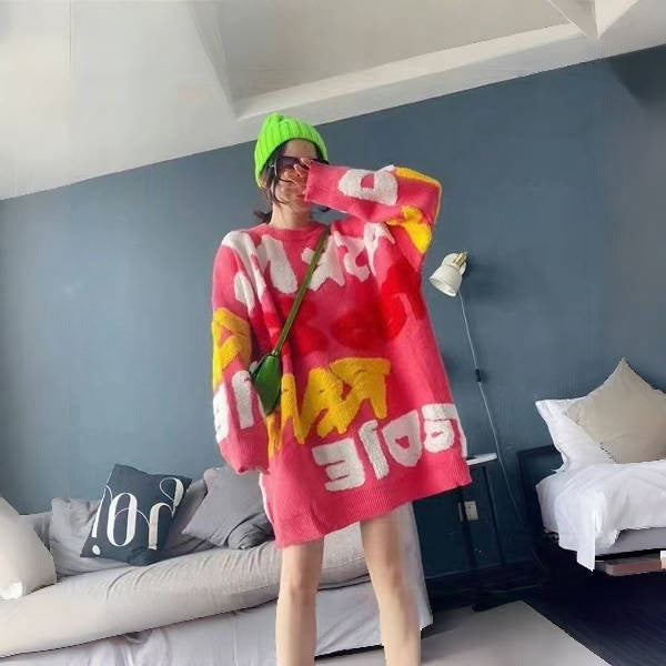 【Tops】4色選択可英文字セーター W14136