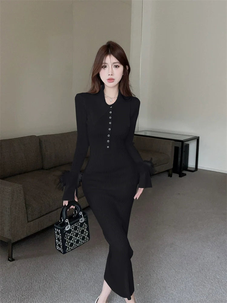 【Dress】フェイクファー切替ニットワンピース W9679