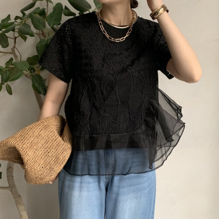 【Tops】スプライシングオーガンザTシャツ T01689