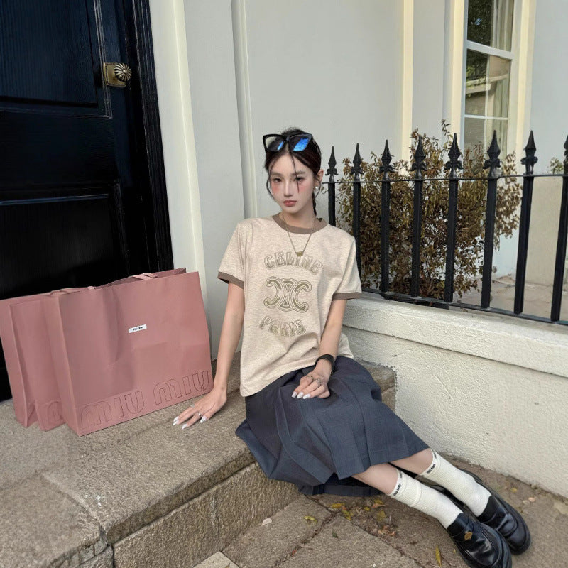 【Tops】ラウンドネック配色Tシャツ T01548