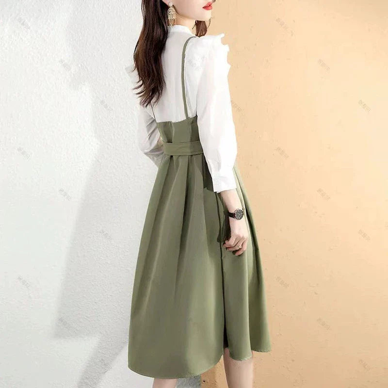 【Dress】フェイクレイヤードシャツワンピース W8694