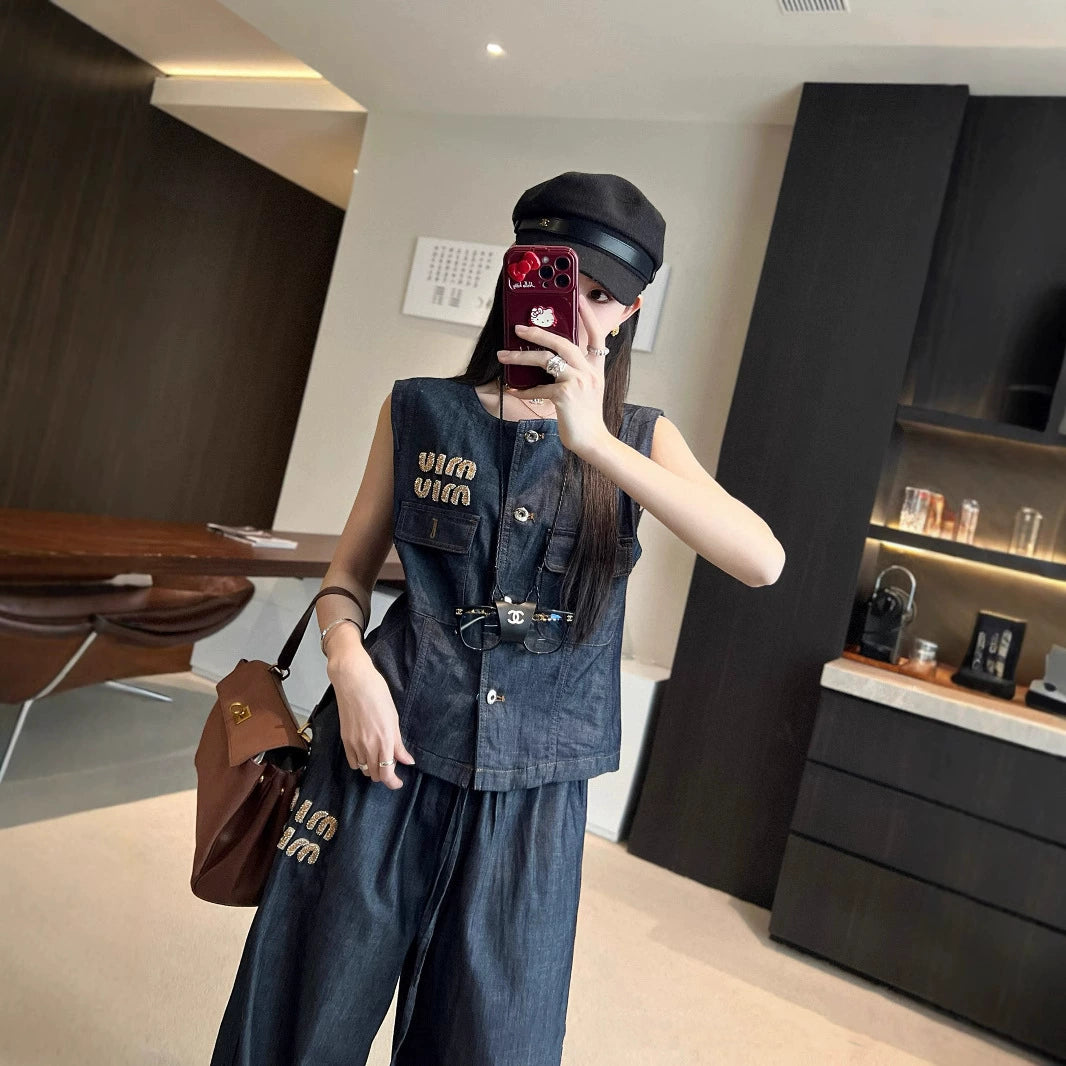 【Set】ビーズデニムスーツベスト+ストレートパンツセット T01480