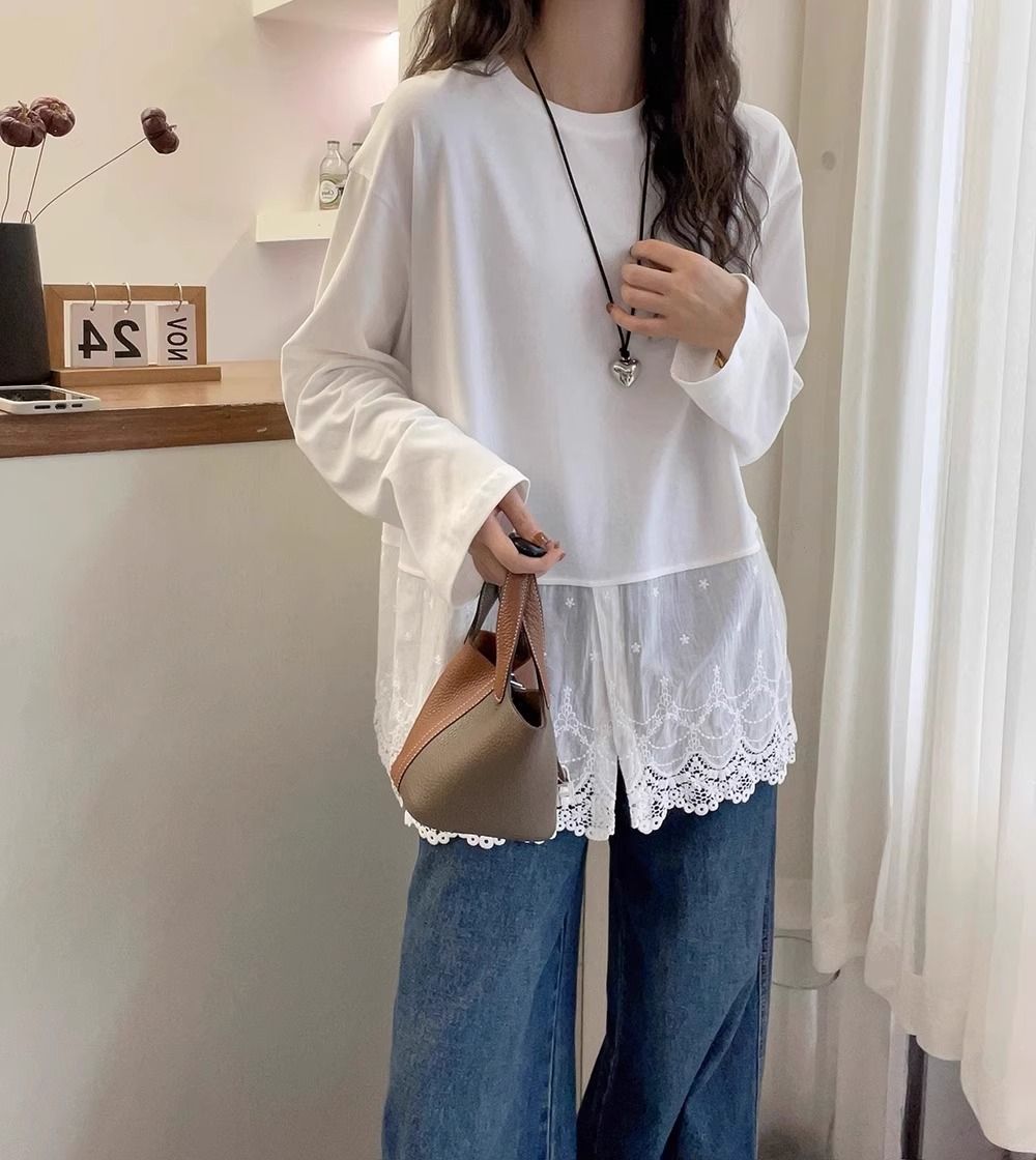 【Tops】レース切り替えTシャツ T01352