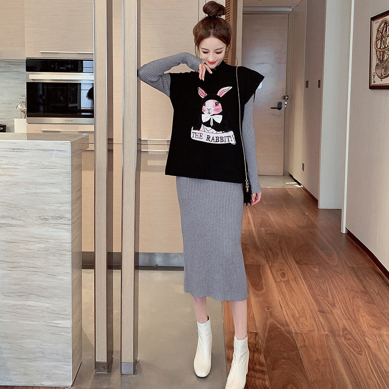 【Set】可愛い🐇ウサギプリント付きニットベスト +ロング丈ニットワンピース秋冬重ね着2点セット Z-4455