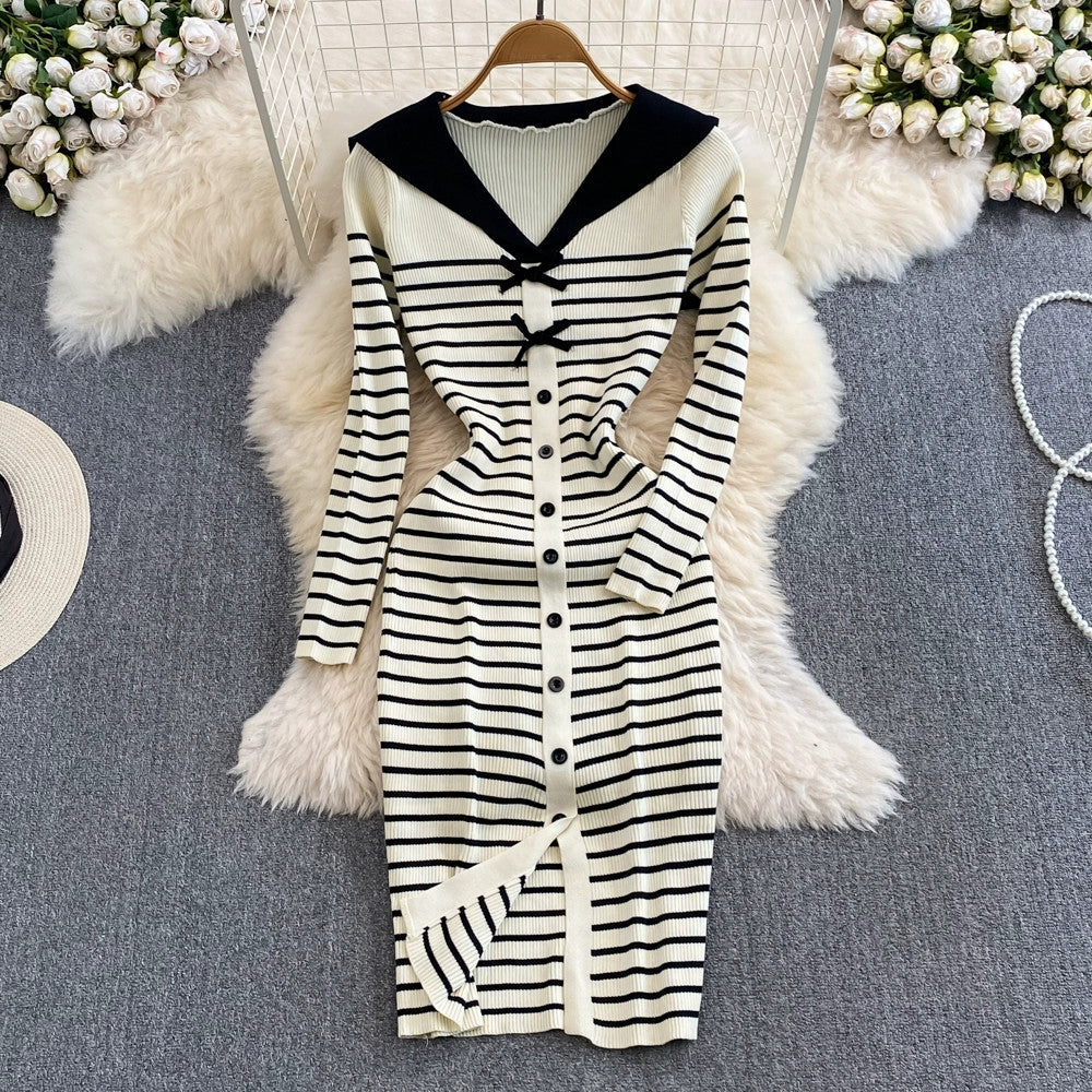 【Dress】ボーダー柄ニットワンピース W8506