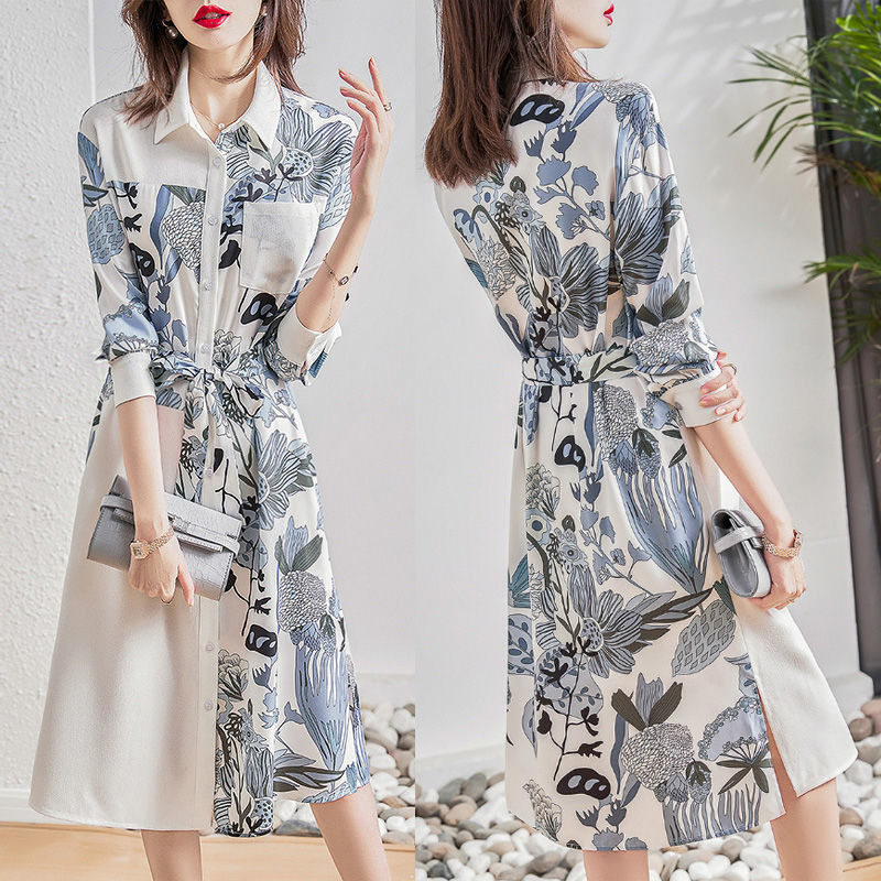 【Dress】オシャレ度満点~オフィスカジュアル春秋Aライン花柄シャツワンピース Z-4887