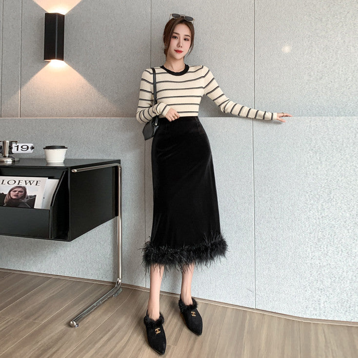 【Bottoms】フェイクファー切替スカート W8203