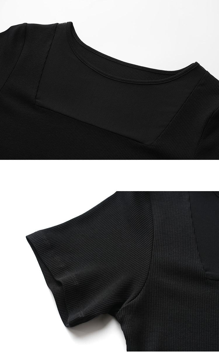 【Tops】シースルーメッシュパッチワークTシャツ T01665