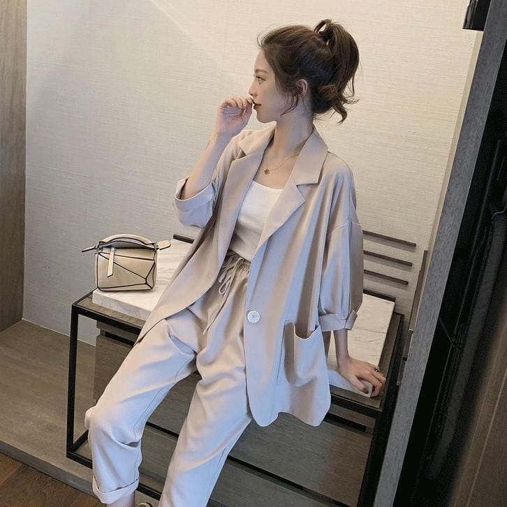 【Set】大活躍間違いなし!レディースファッション無地通勤2点セットテーラードジャケット+パンツR-0342
