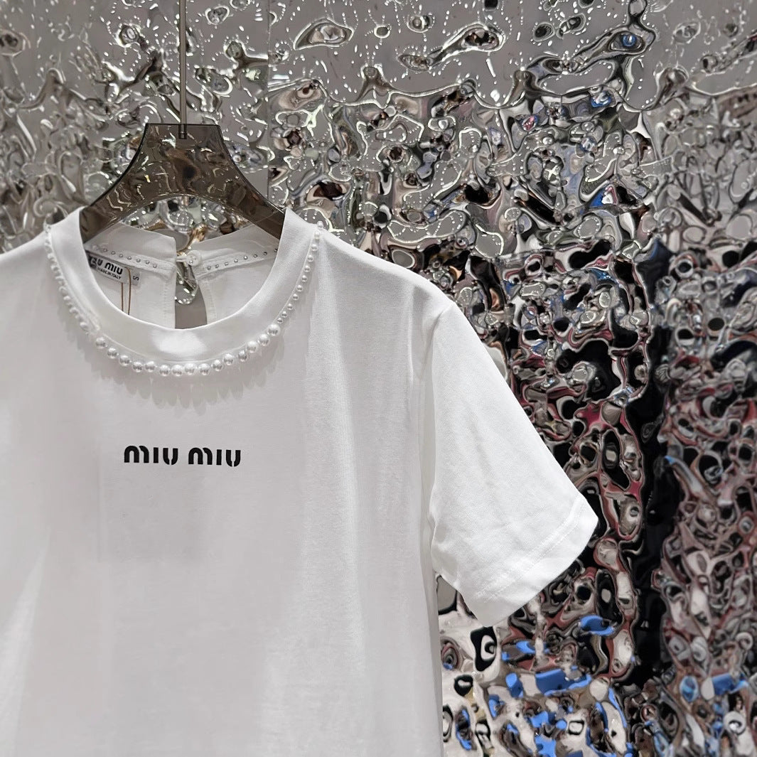 【Tops】ボウパールネックTシャツ T01535