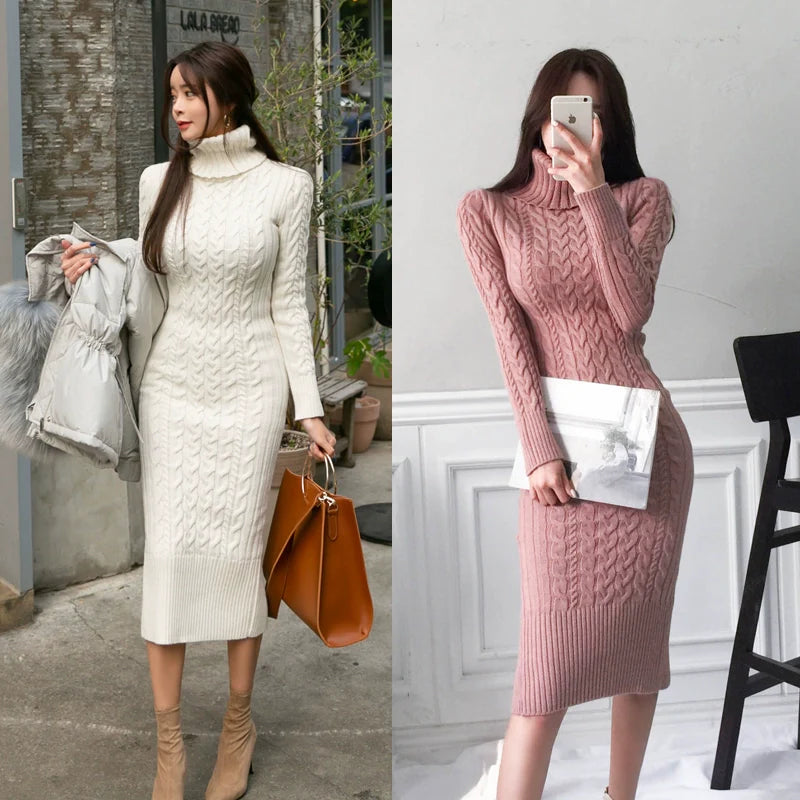 【Dress】4色展開ハイネックタイトニットワンピース W7969