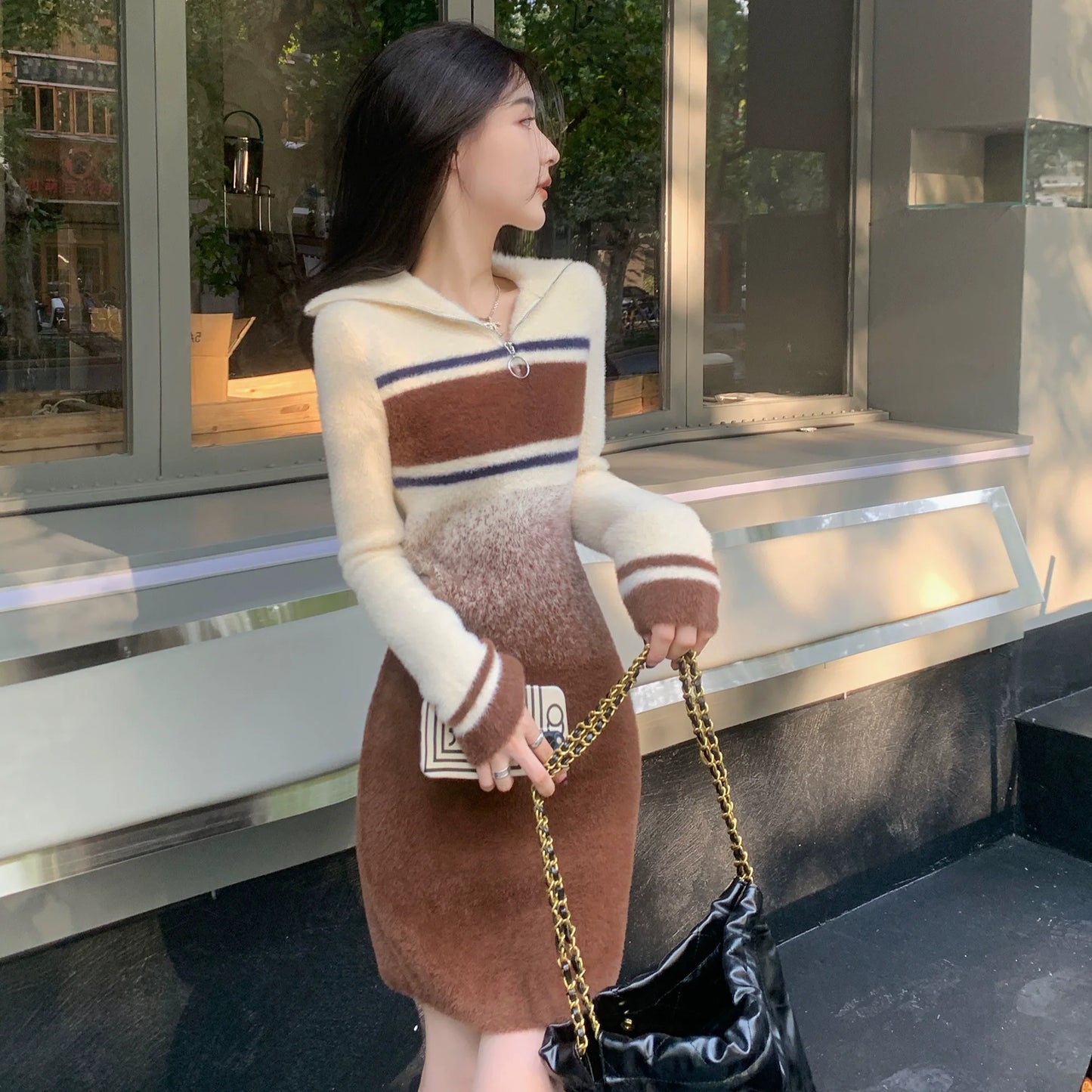 【Dress】配色ニットワンピース W10065