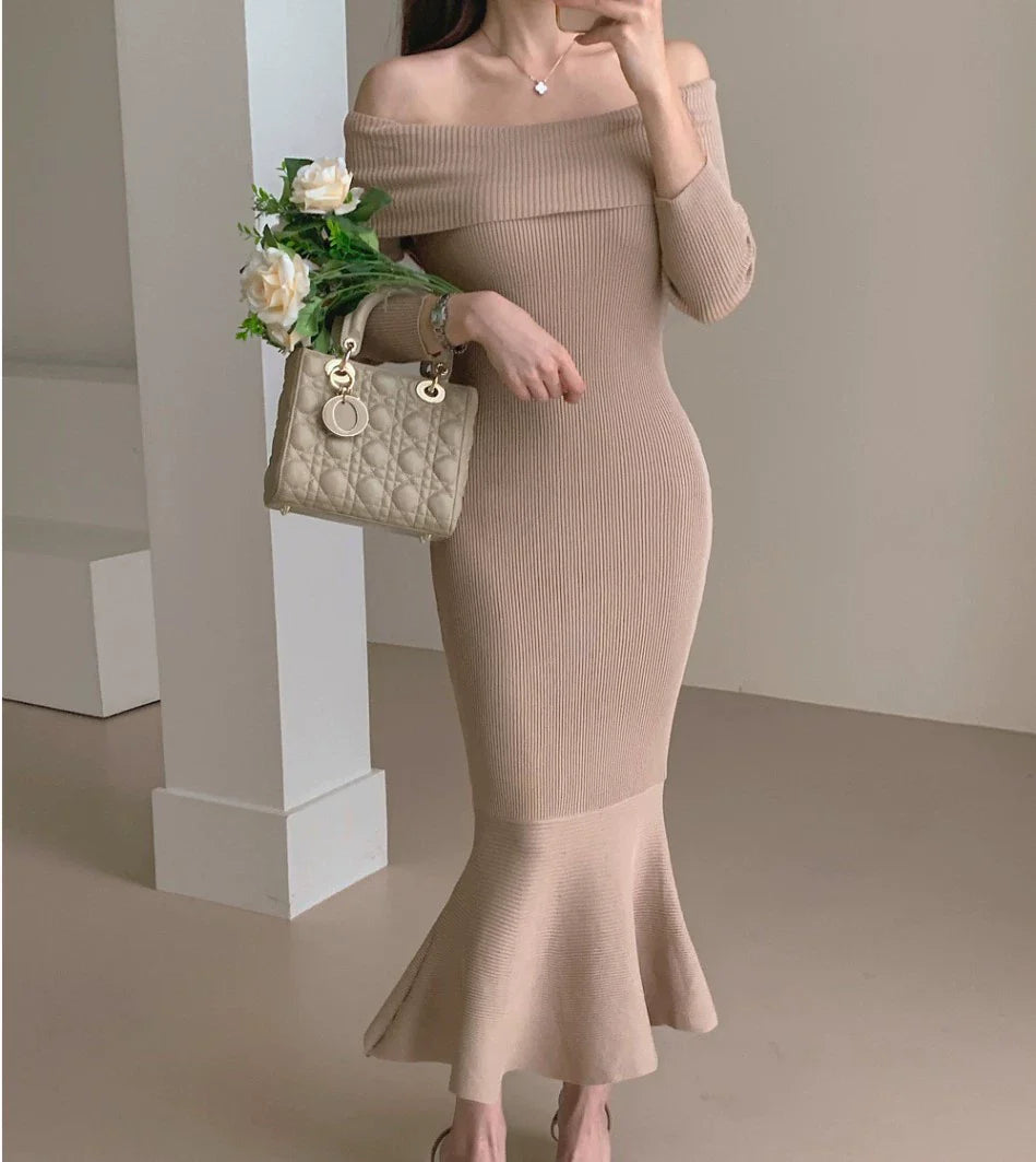 【Dress】オフショルダーマーメイドワンピース W8194