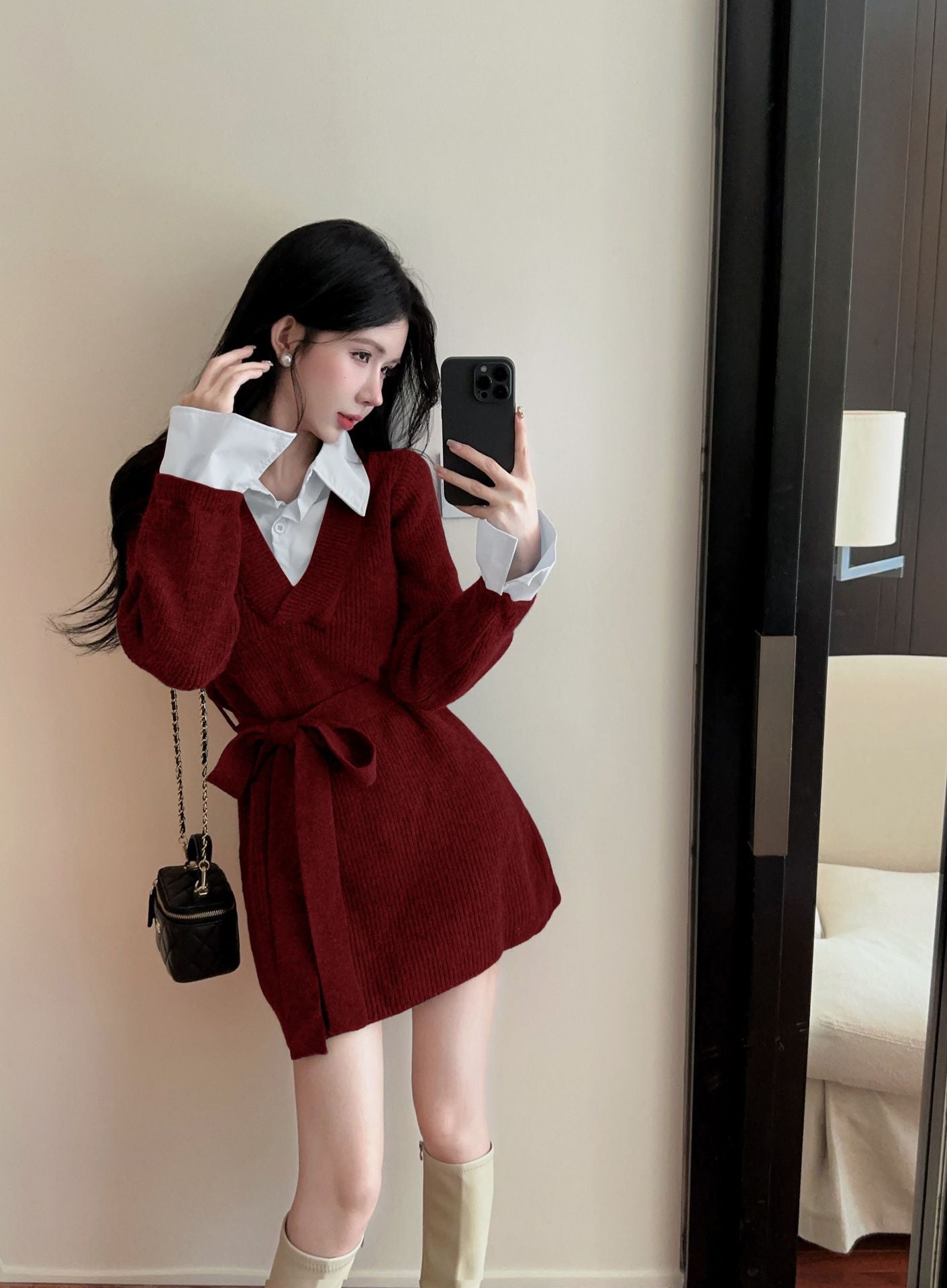 【Dress】フェイクレイヤードニットワンピース W14432