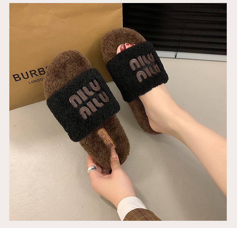 【Shoes】4色選択可配色ファースリッパ W13369
