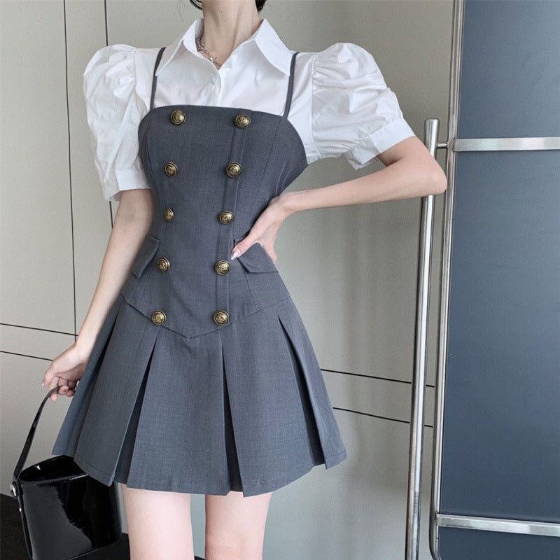 【Set】低身長方レイヤード2点セット シャツ +キャミソールワンピース W7590