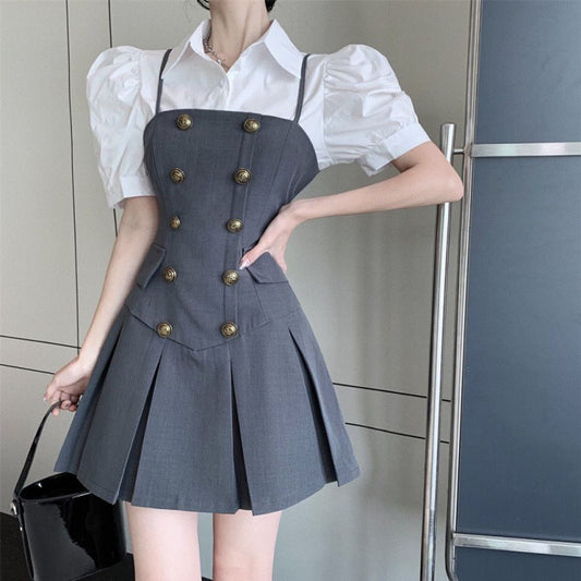 【Set】低身長方レイヤード2点セット シャツ +キャミソールワンピース W7590