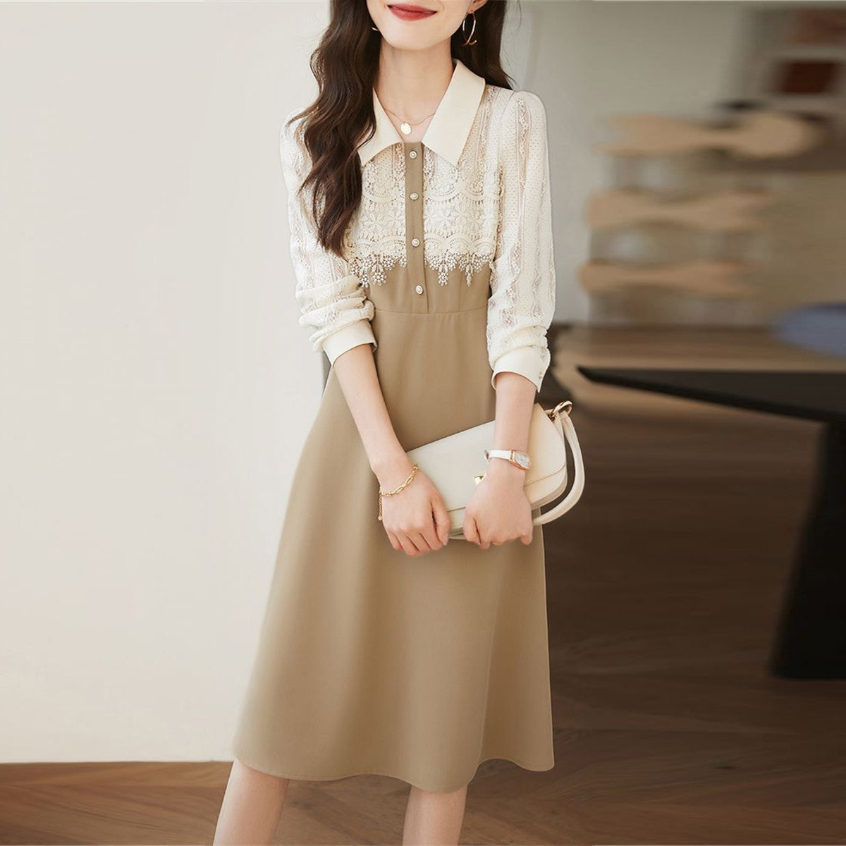 【Dress】レース切替ワンピース W8282