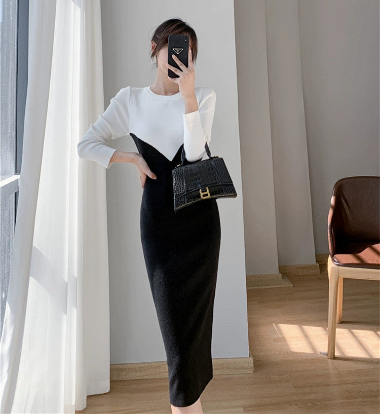 【Dress】2色配色ニットワンピース W9677
