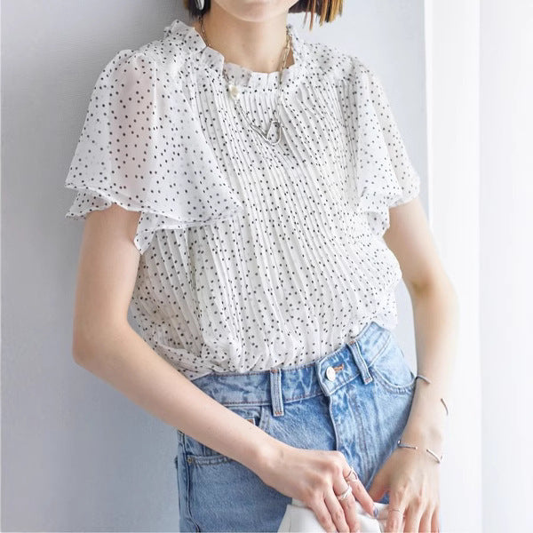 【Tops】ドット柄プリーツシフォンシャツ T01692