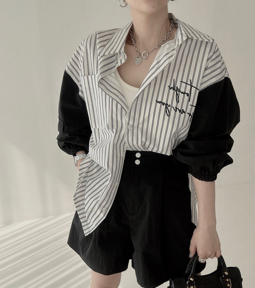 【Tops】4色展開配色シャツ W11765