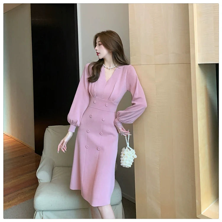 【Dress】合わせやすい~Aライン長袖Vネックワンピース W7835