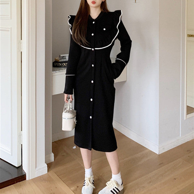 【Dress】フリル配色ロング丈ニットワンピース W7984