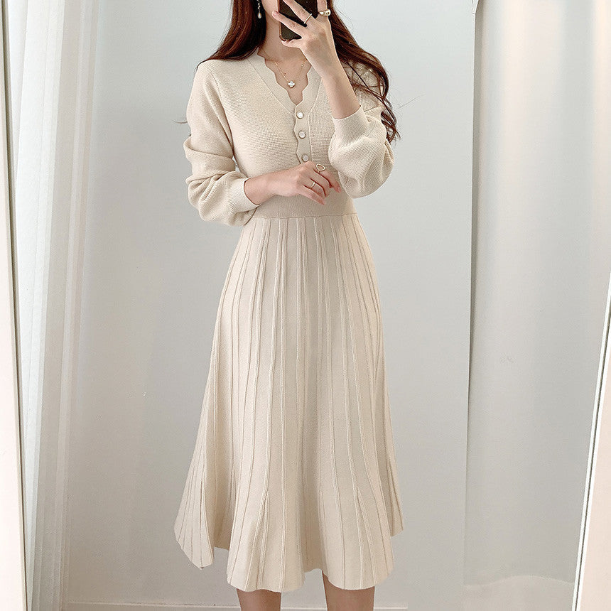 【Dress】早い者勝ち~3色展開気質レトロ長袖ニットワンピース W7811
