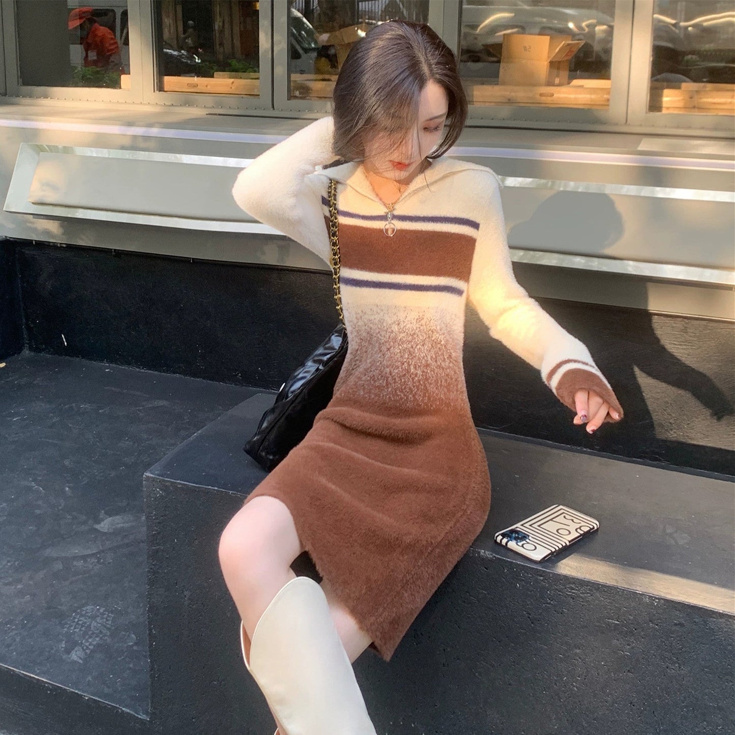 【Dress】配色ニットワンピース W10065