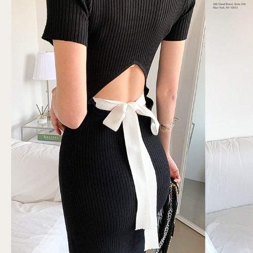 【Dress】女性らしく~フェミニン人気バックレス柔らかい半袖タイトニットワンピース Z-4823