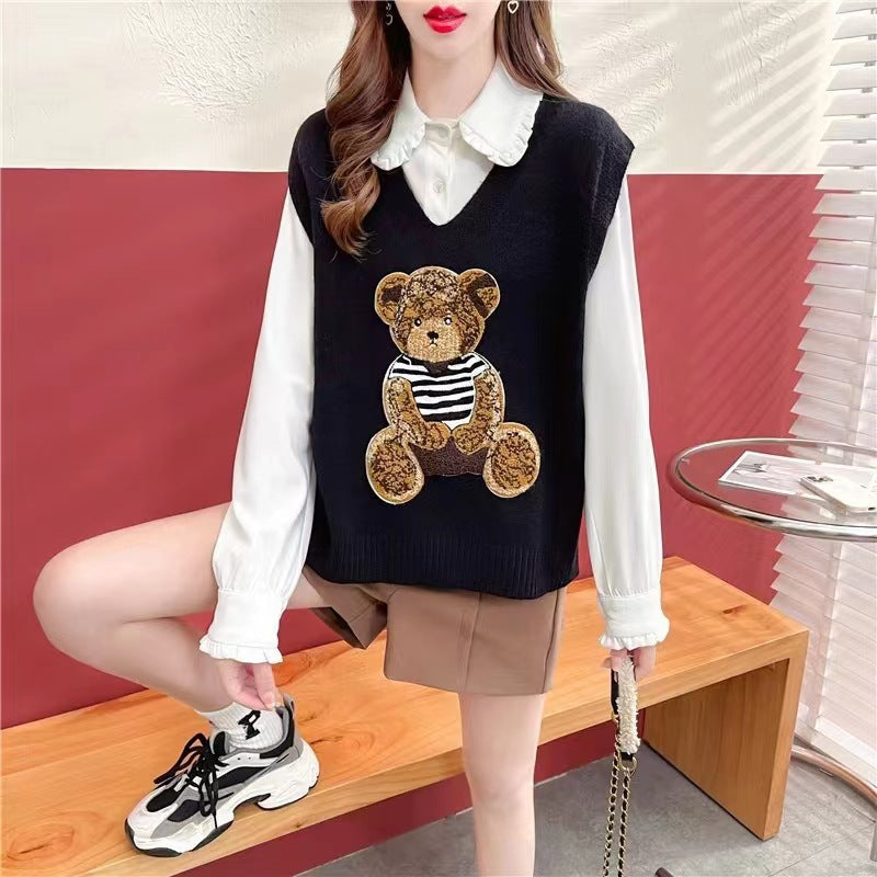 【Tops】新入荷くま柄ニットタンクトップ W8531