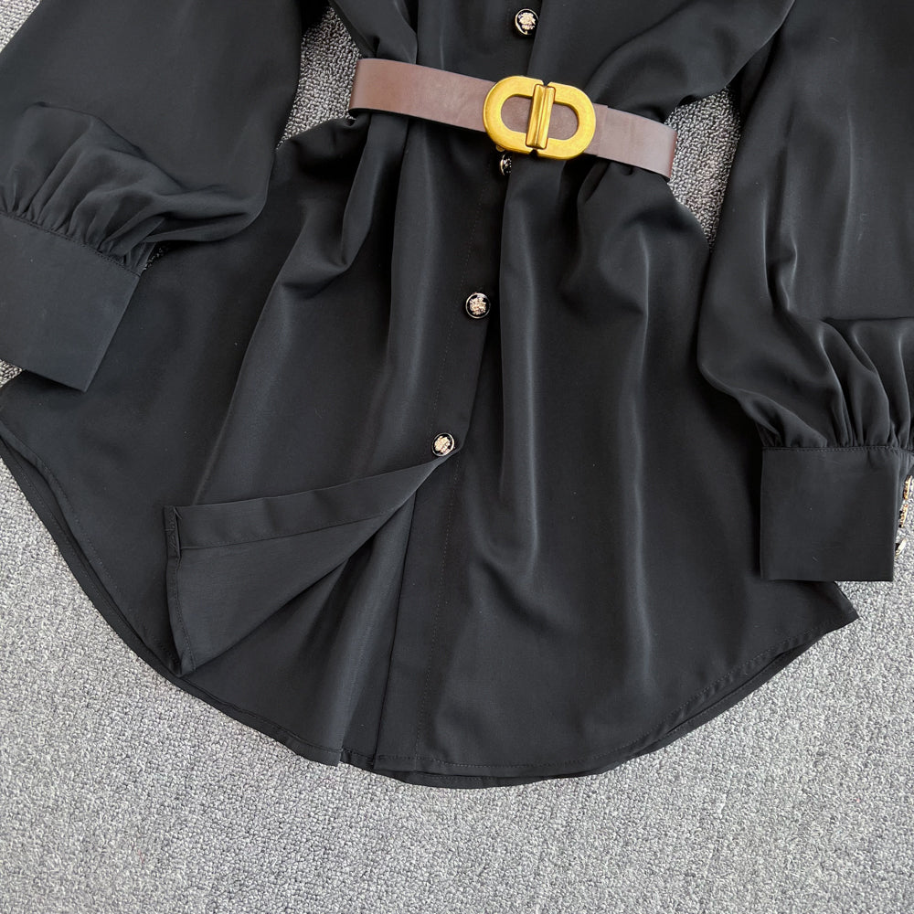 【Dress】お洒落度up~レディース春秋Aライン配色パフスリーブ膝丈シャツワンピース Z-3994