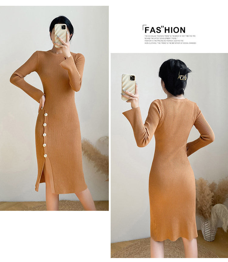 【Dress】3色スリット入りニットワンピース W9714