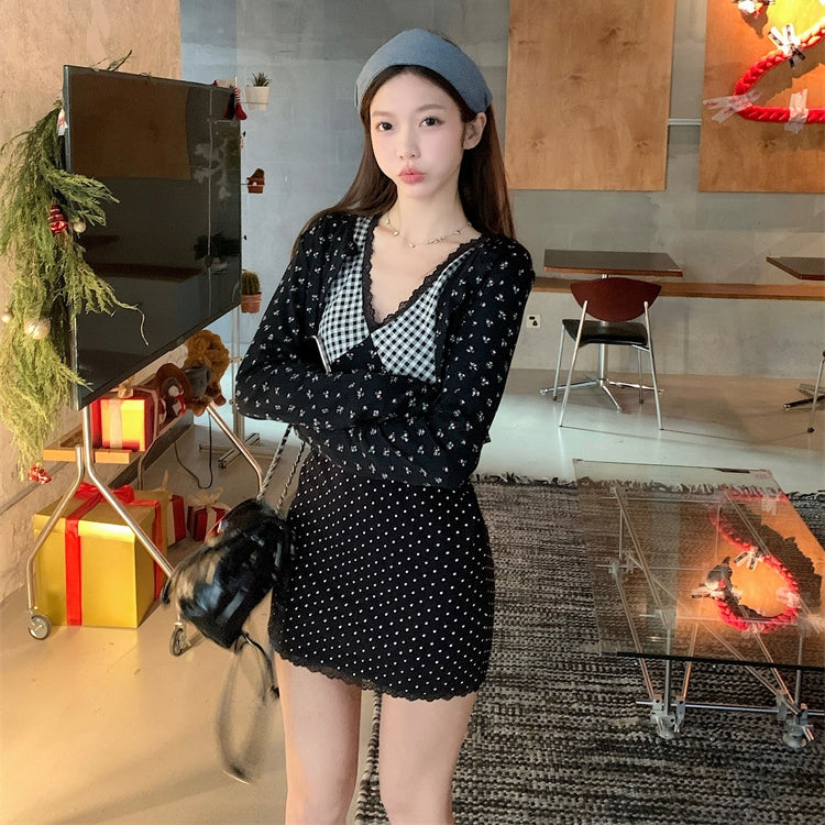 【Set】花柄カーディガン+切り替えワンピース2点セット T01360