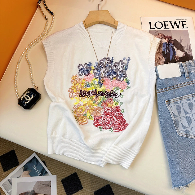 【Tops】今季トレンド~フェミニン刺繍カジュアルタンクトップ W7693