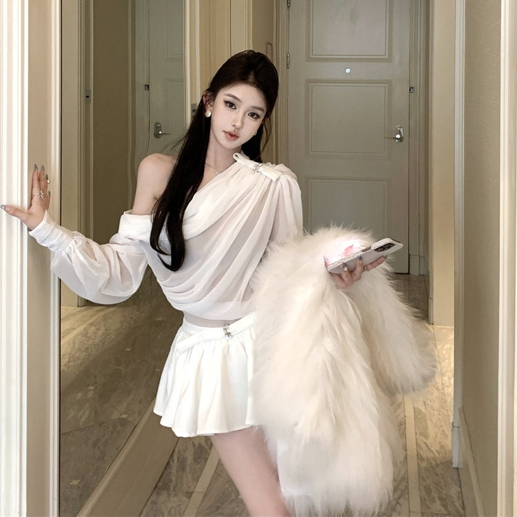 【Set】リボン付きトップス+ミニスカートセット T01383